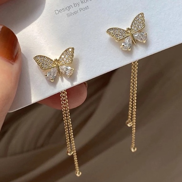 Butterfly cubic zirconia stud/dangle gold earrings - Picture 1 of 7